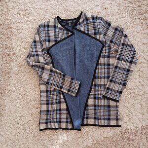 Women's Jones New York Wrap Long Sleeve Plaid Sweeter Blue Beige Size S